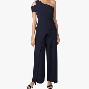 Marina Women’s Navy Blue One Shoulder Overlay Jumpsuit Size 12 NWT